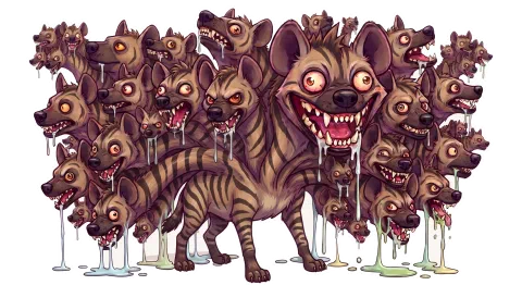 Drivel's mascot: a striped hyena carrying a crowd of heads on one body, every one of them drooling.